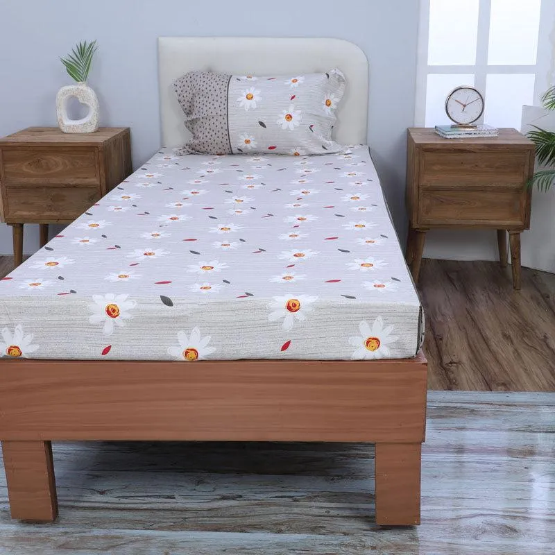 Daisy Blush Printed Bedsheet - Grey