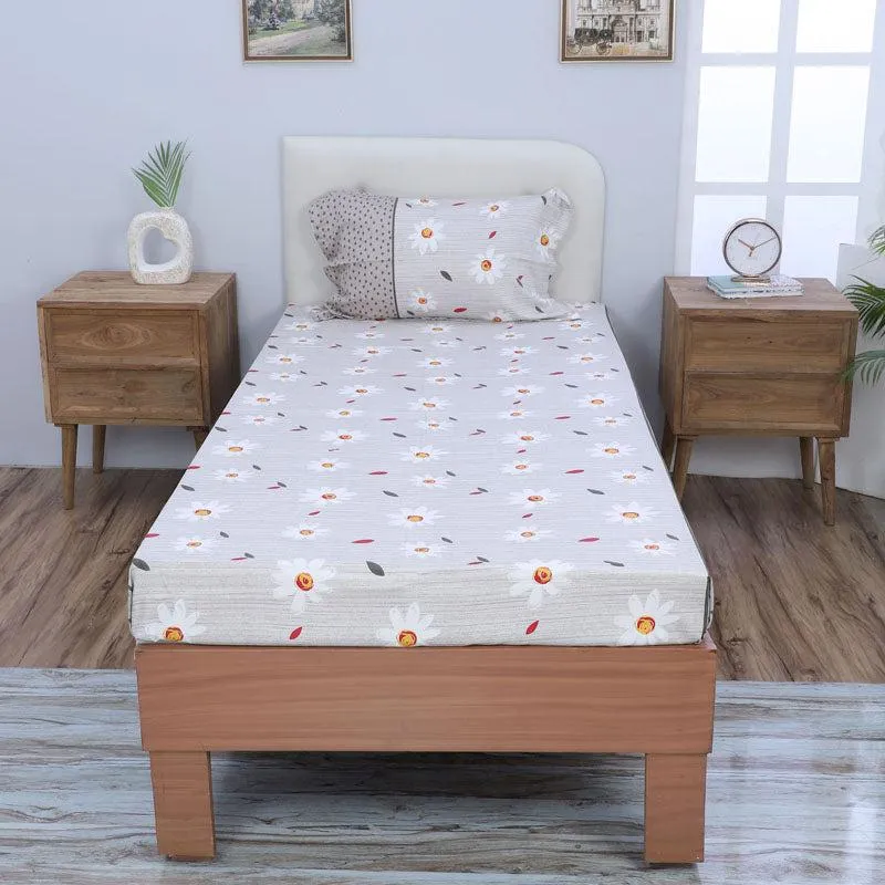 Daisy Blush Printed Bedsheet - Grey