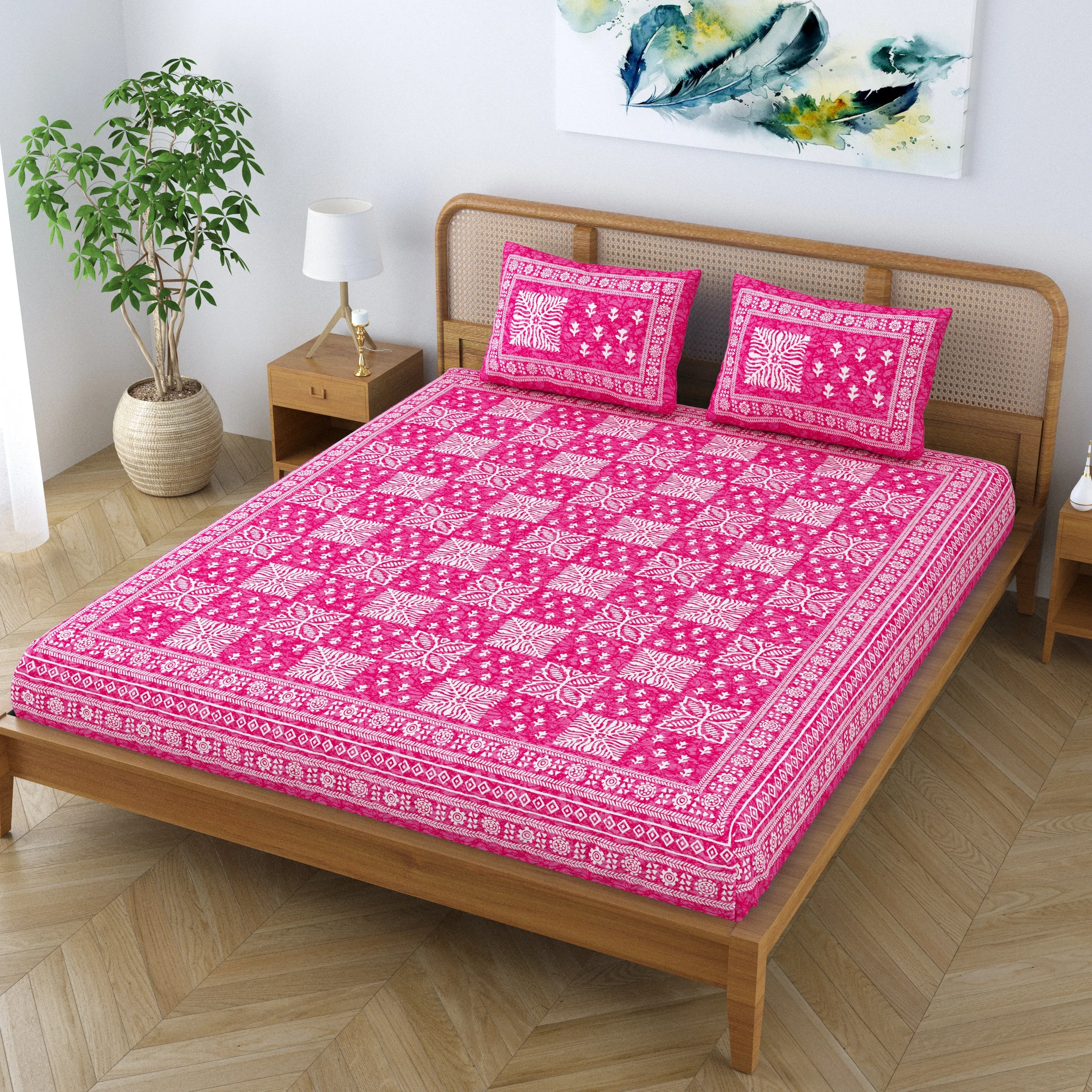 SheetKart Cotton Traditional Floral Jaipuri Printed Double Bedsheet King Size with 2 Pillow Covers - Blush Pink