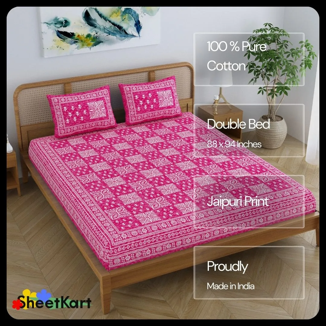 SheetKart Cotton Traditional Floral Jaipuri Printed Double Bedsheet King Size with 2 Pillow Covers - Blush Pink