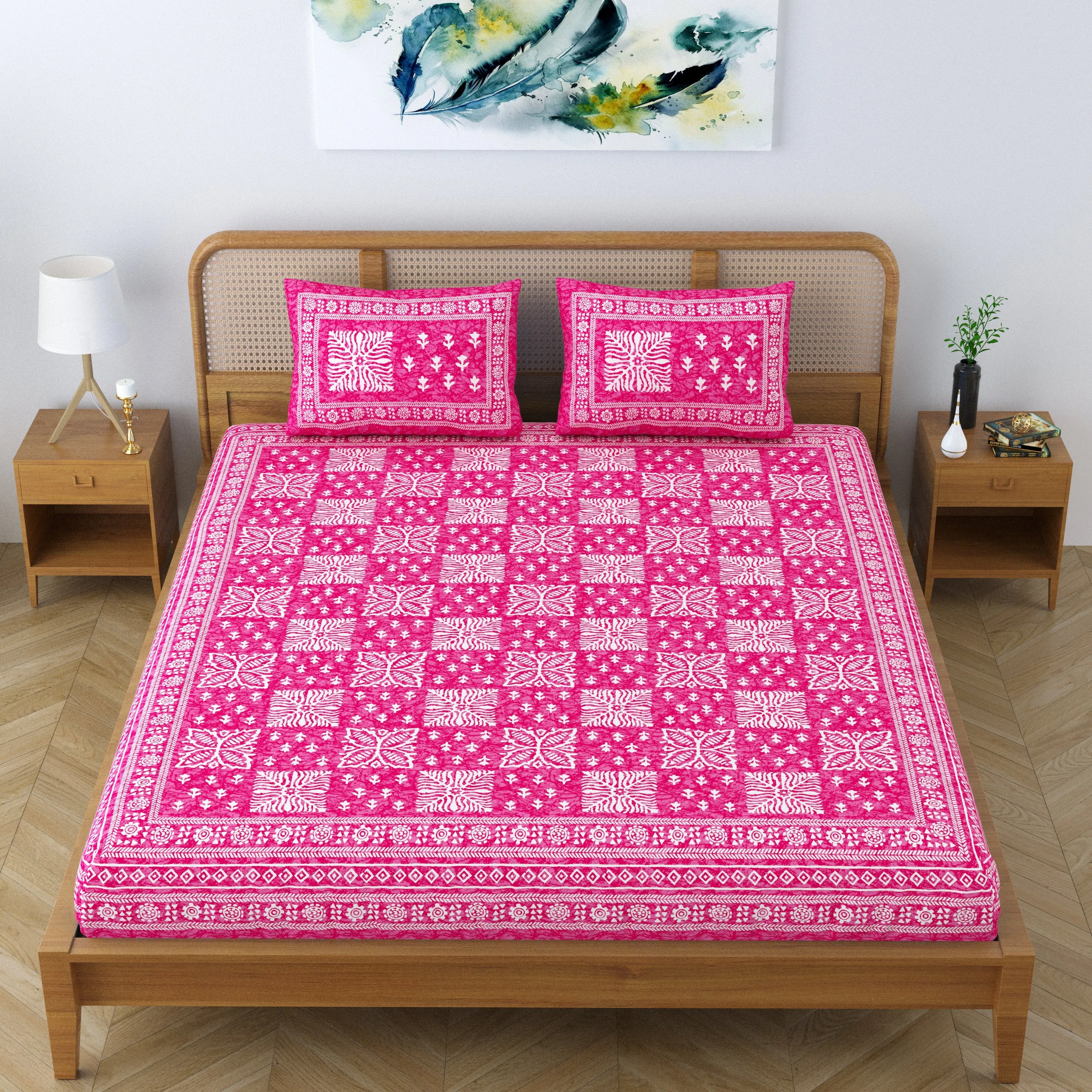 SheetKart Cotton Traditional Floral Jaipuri Printed Double Bedsheet King Size with 2 Pillow Covers - Blush Pink