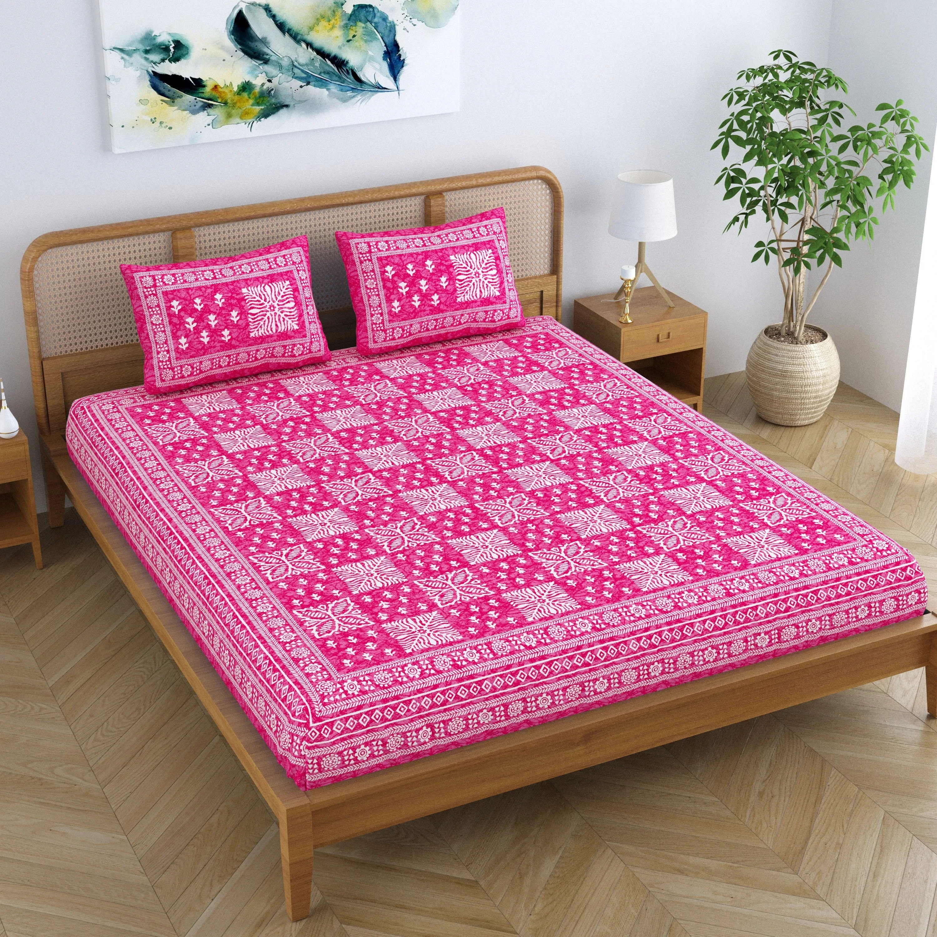 SheetKart Cotton Traditional Floral Jaipuri Printed Double Bedsheet King Size with 2 Pillow Covers - Blush Pink