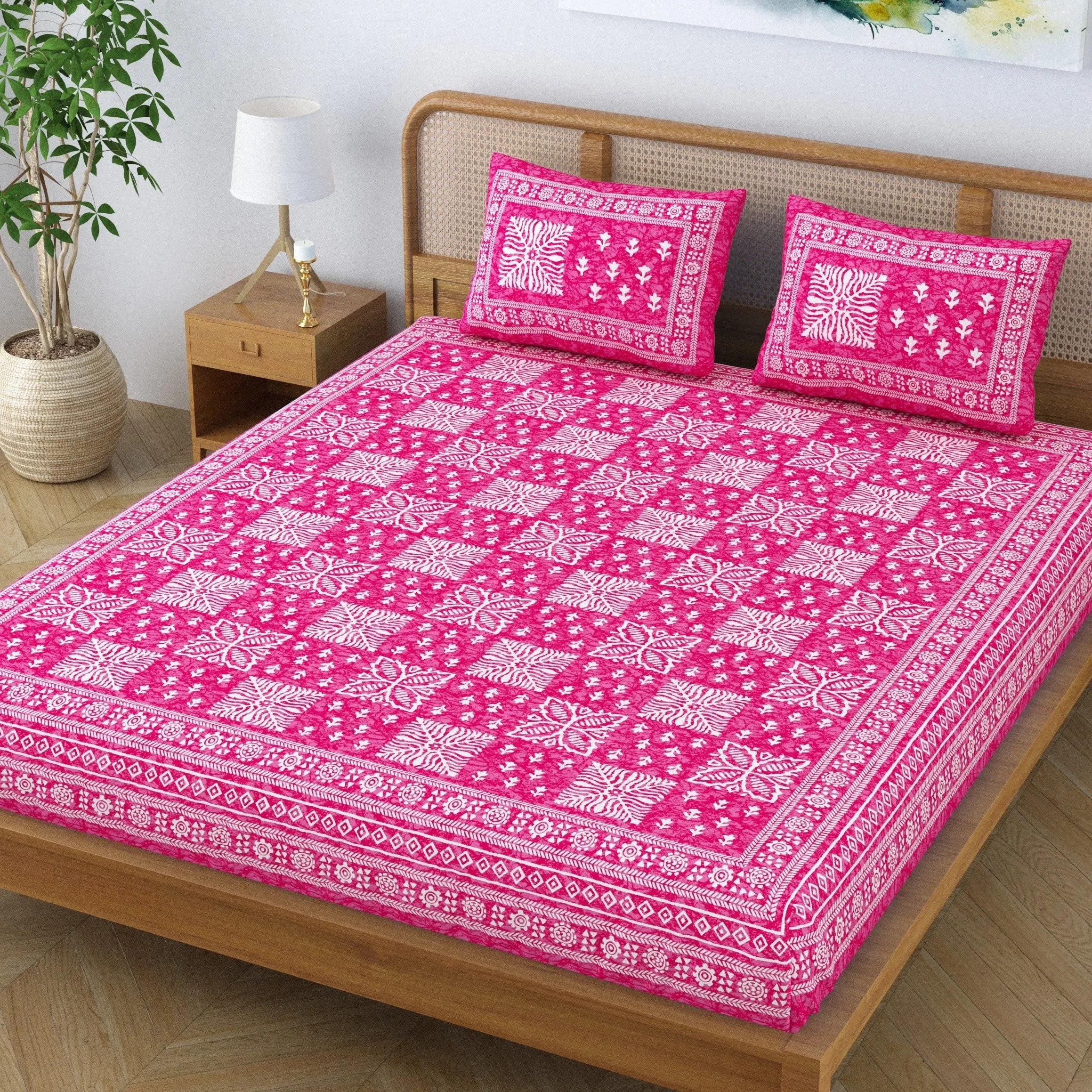 SheetKart Cotton Traditional Floral Jaipuri Printed Double Bedsheet King Size with 2 Pillow Covers - Blush Pink