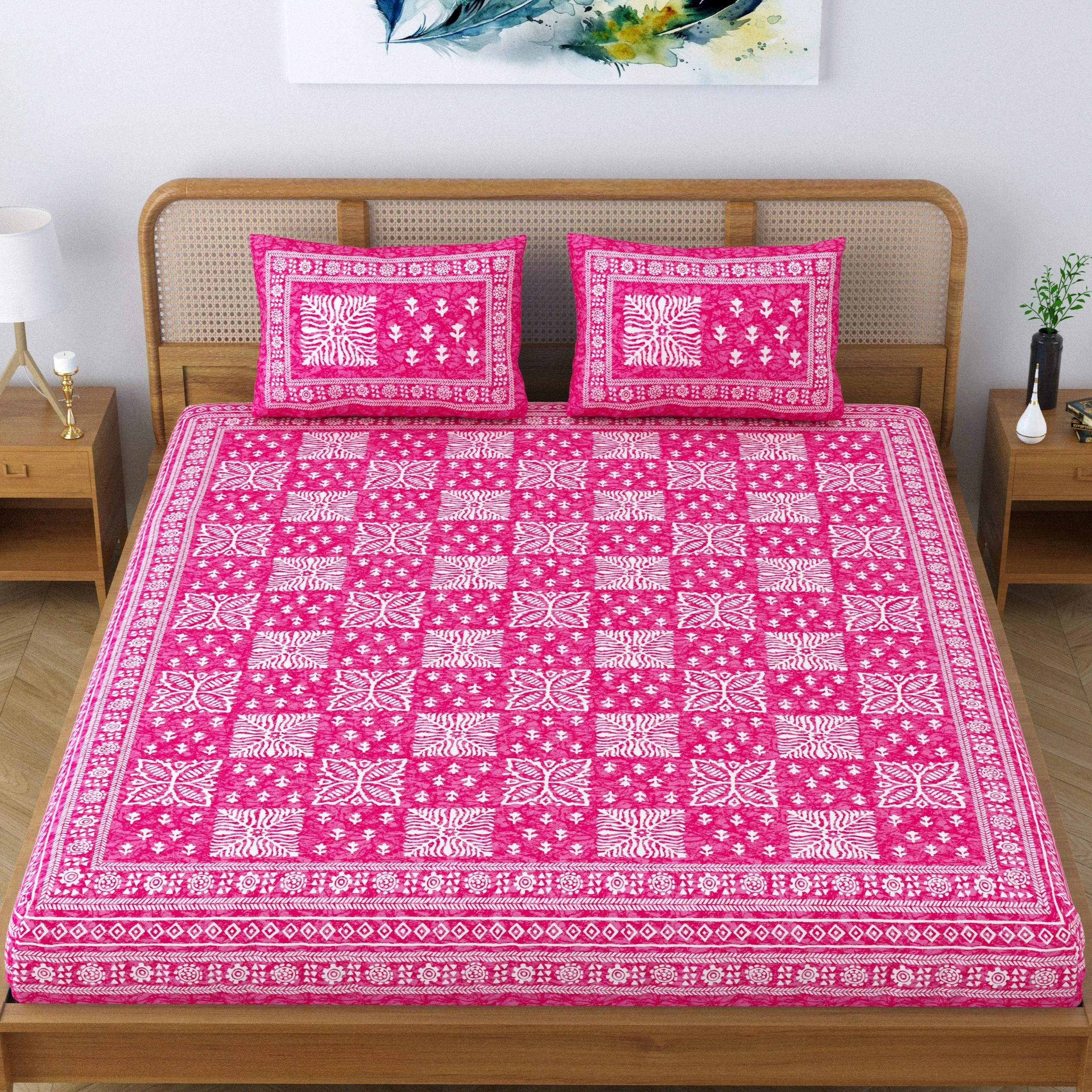SheetKart Cotton Traditional Floral Jaipuri Printed Double Bedsheet King Size with 2 Pillow Covers - Blush Pink