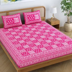 SheetKart Cotton Traditional Floral Jaipuri Printed Double Bedsheet King Size with 2 Pillow Covers - Blush Pink